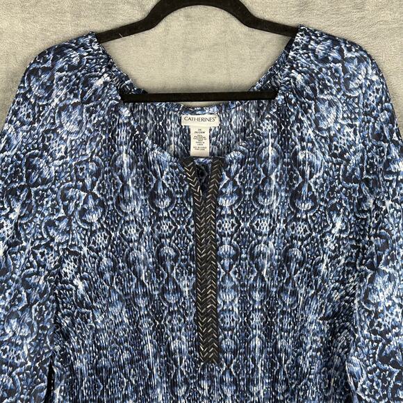 Catherines Top Womens 3X Blue 3/4 Length Sleeve Pleated Sequin Tunic Boho Career - Picture 2 of 14